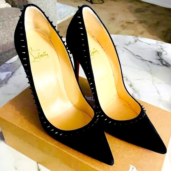 Christian Louboutin “Anjalina” spikes Veau Velour  black suede 85 mm pumps EU37 - Picture 2 of 7
